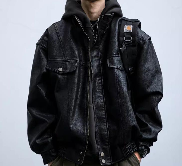 メンズ 流行り物 服 成人男性用 オシャレ 分かりやすい 成年者 かっこいい 表どおり 成人男性服 アメリカン レトロ ライチ PUなめし革 上衣 ライダース 照明ランプ色合い
