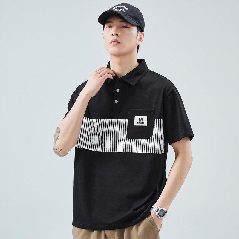 クール コットン 半袖 メンズ ポロシャツ 夏 コーデ スタイル スタイリッシュ ストライプ ポケット Tシャツ