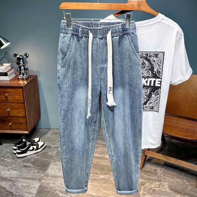メンズ 春 レトロ ゴムウエスト ゆったり フィット ストレート レッグ ジーンズ 春　秋