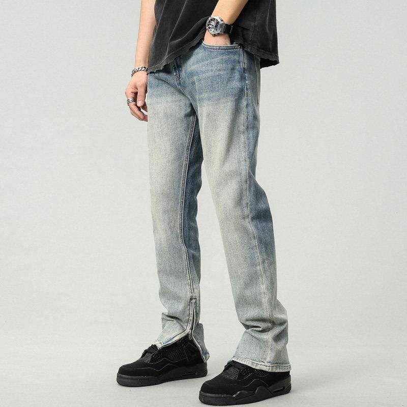 秋 ストリート ジーンズ メンズ ジッパー付きスリット フロア丈 ストレート レッグ フレア パンツ 春 秋