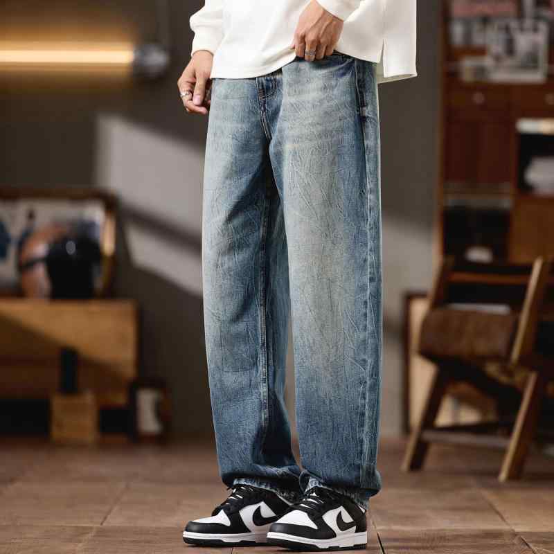 メンズ 春 秋 表現スタイル 編み物 雷光 クラックルウォッシュ ジーンズ デニム 引っ切り無い レッグ 相応う 心地好い ロング ズボン下