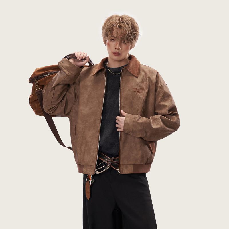 メンズ ファッション 服 男性用 オシャレ シンプル 大人 かっこいい ストリート 紳士服 ブラウン PUレザー ジャケット クール アメリカン レトロ クリーンフィット ジャケット |リコット