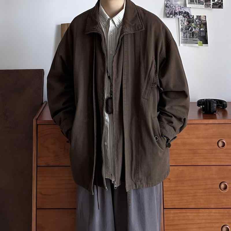 メンズ 流行り物 服 成人男性用 オシャレ 分かりやすい 成年者 かっこいい 表どおり 成人男性服  レトロ ブラウンカラーウォッシュ 綿織物 ゆったり 影ぼうし 上衣 ジェンダーレスコート