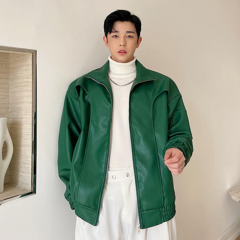 メンズ 流行り物 服 成人男性用 オシャレ 分かりやすい 成年者 かっこいい 表どおり 成人男性服  冷やりとした 今めかしい 緑であること PUなめし革 上衣 アメリカン 嚠喨たる填まる 厚地の外套 細工物お召しもの PUなめし革 上衣