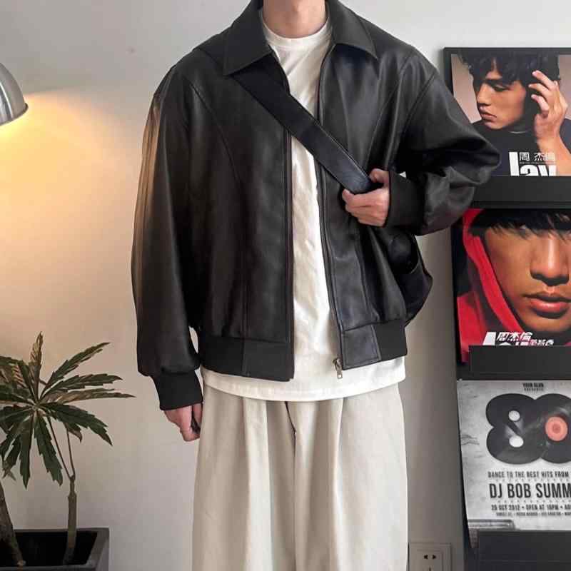 メンズ ファッション 服 男性用 オシャレ シンプル 大人 かっこいい ストリート 紳士服 アメリカン クリーン フィット レトロ カラー PUレザー ジャケット ブラウン バイク カジュアル アウター