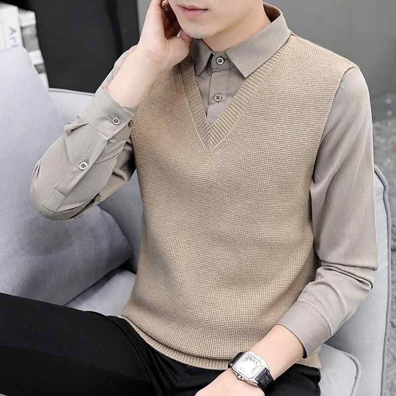 メンズ 流行り物 服 成人男性用 オシャレ 分かりやすい 成年者 かっこいい 表どおり 成人男性服  背広スウェーター プルオーバー 色合い編み物 セーターフェイクカラー ベースレイヤー