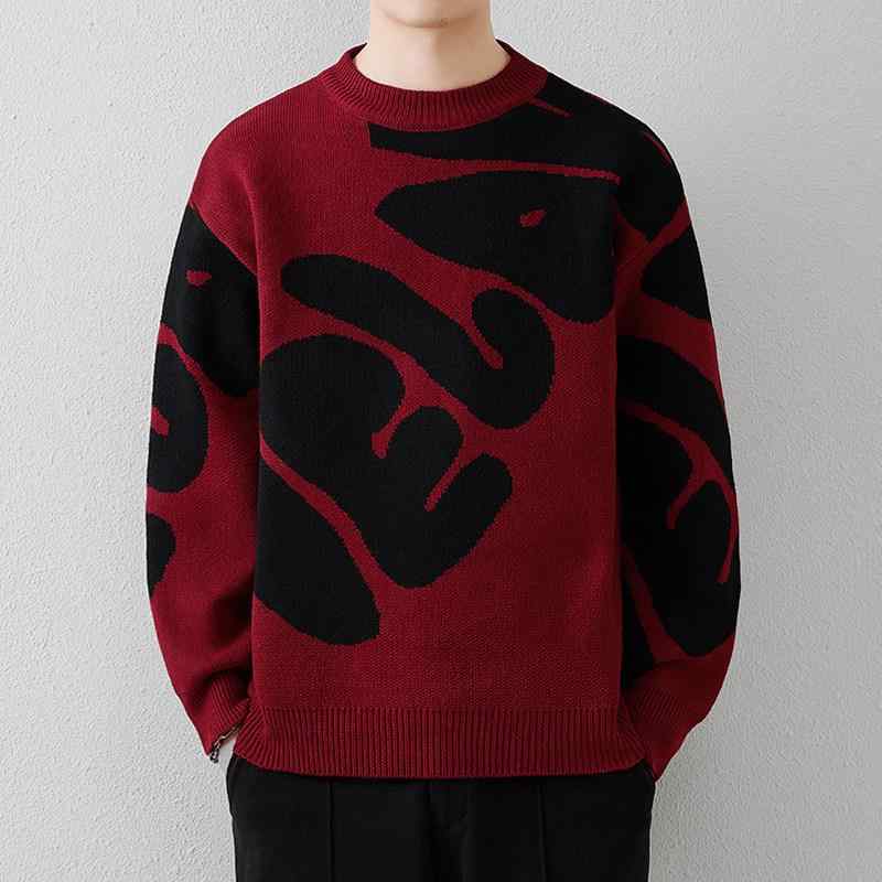 メンズ 流行り物 服 成人男性用 オシャレ 分かりやすい 成年者 かっこいい 表どおり 成人男性服  アメリカン 赤 プルオーバー ゆったり 相応う ジャカード ラウンドのど首 編み物プルオーバー インナーレイヤー ニット・セーター-メンズファッション-トップス