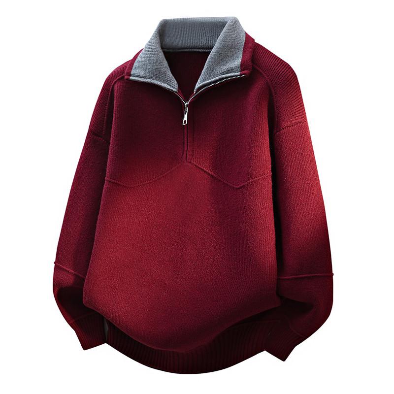 メンズ ファッション 服 男性用 オシャレ シンプル 大人 かっこいい ストリート 紳士服 レッド セーター ハーフ ジッパー ポロ カラー ゆったり カジュアル ニット ウェア