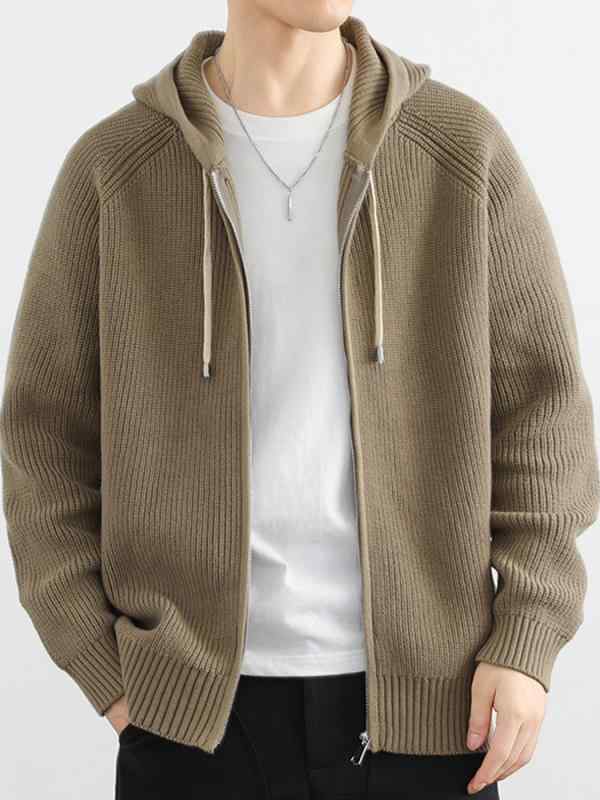メンズ 流行り物 服 成人男性用 オシャレ 分かりやすい 成年者 かっこいい 表どおり 成人男性服  ボンネット付き添い人 編み物 ジレー 上衣 分かりやすい ラグラン 捩り ファスナー ジレー スウェーター ゆったり 心地好い 上衣