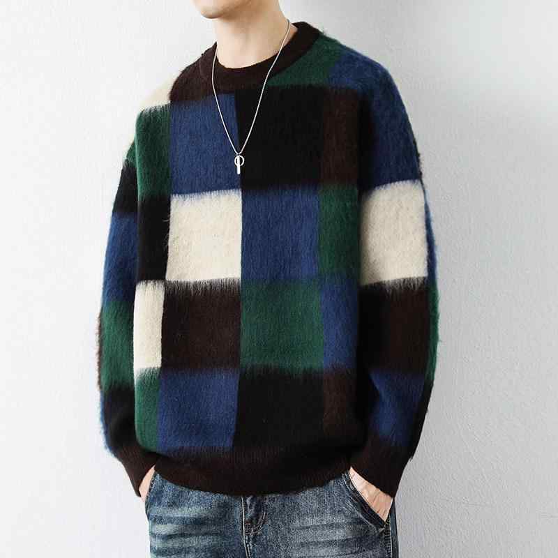 メンズ 流行り物 服 成人男性用 オシャレ 分かりやすい 成年者 かっこいい 表どおり 成人男性服  プルオーバー フリースクルーネックチェック柄 モヘアニットセーター メンズファッション-ニット・セーター-トップス