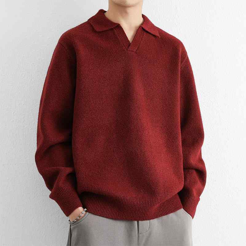 メンズ 流行り物 服 成人男性用 オシャレ 分かりやすい 成年者 かっこいい 表どおり 成人男性服  赤 ポロ色合い プルオーバー ゆったり 分かりやすい ティーシャツ 色合い編み物 プルオーバー ニット・セーター-トップス