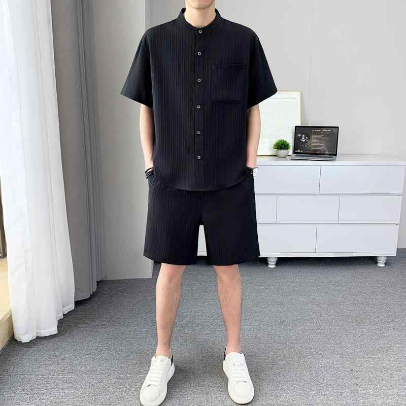 メンズ ファッション 服 男性用 オシャレ シンプル 大人 かっこいい ストリート 紳士服 冷感 半袖 Tシャツ パンツセット スタンドカラー クール スタイリッシュ カジュアル スーツ 五分丈 パンツ ポリエステル 繊維 伸縮 ストレッチ 紳士服