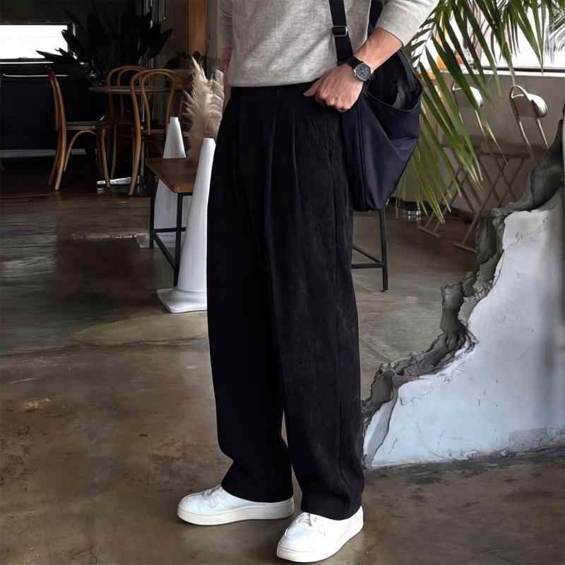 メンズ 流行り物 服 成人男性用   分かりやすい かっこいい 成年者 春コーデ  ダブル 筋目 黒いこと 引っ切りない レッグ 心地よい ズボン下 ハイエンド ドレープ ワイドレッグ 御召しもの ズボン下