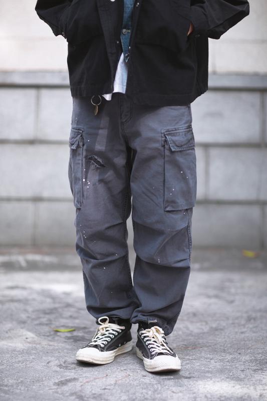 メンズ ファッション 服 男性用 シンプル かっこいい 大人 ストリート カジュアル ビジネス 通勤 バティック ウォッシュ加工 インク スプラッター ナイフ カット ワークパンツ
