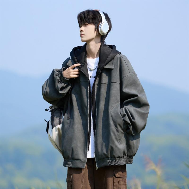メンズ 流行り物 服 成人男性用   分かりやすい かっこいい 成年者 表どおり 心地よい 商行為 通い 心地よい ゆったり ボンネット付き添い人 PUなめし革上衣 綿織物 裏地 フェイクツーピース