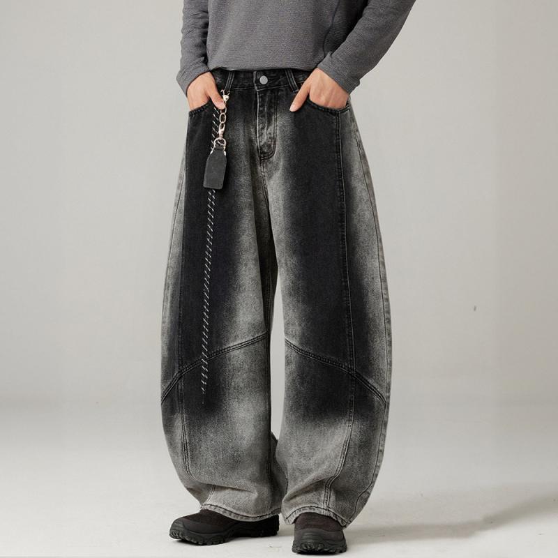 メンズ ファッション 服 男性用 シンプル かっこいい 大人 ストリート カジュアル ビジネス 通勤 アメリカン ウォッシュ加工 レトロ グラデーション ジーンズ ヴィンテージ ゆったり カーブ ワイドレッグ パンツ