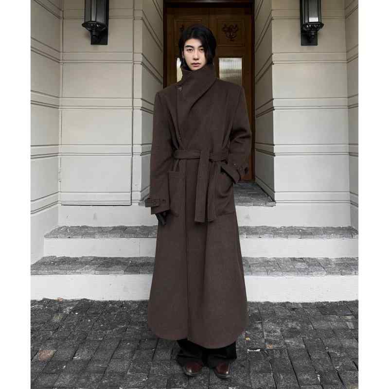 メンズ ファッション 服 男性用 シンプル かっこいい 大人 ストリート カジュアル ビジネス 通勤 ブラウン ウール ブレンド マルチ スタンドカラー ロング コート
