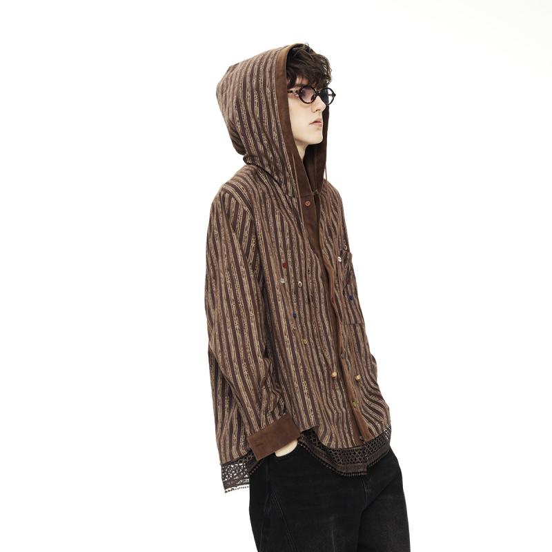 メンズ 流行り物 服 成人男性用   分かりやすい かっこいい 成年者 表どおり 心地よい 商行為 通い レトロ 赤銅色 縞模様プルオーバー 長袖 ゆったり 伸び伸びする ボンネット付き添い人 プルオーバー 上衣