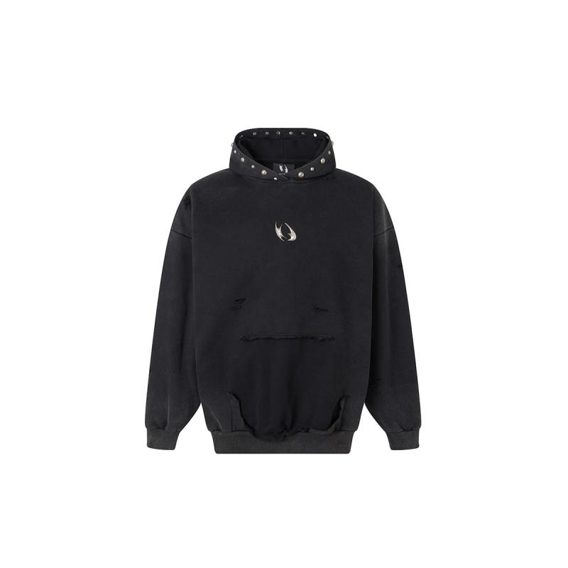 メンズ ファッション 服 男性用 シンプル かっこいい 大人 ストリート カジュアル ビジネス 通勤 フロント ポケット スタッズ ホワイト スプレー スタッズ加工 ダメージ加工 ウォッシュド パーカー