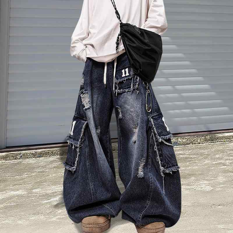 メンズ ファッション 服 男性用 シンプル かっこいい 大人 ストリート カジュアル ビジネス 通勤 ヒップホップ ダメージ加工 ワイドレッグ ジーンズ アメリカン レトロ ストレート フロア レングス パンツ｜リコット