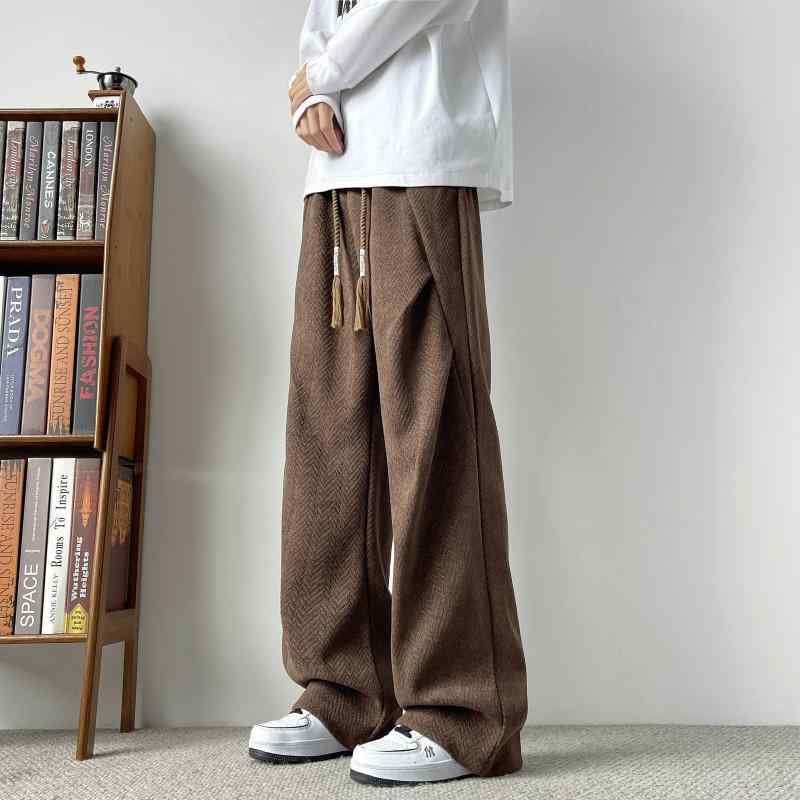 メンズ ファッション 服 男性用 シンプル かっこいい 大人 ストリート カジュアル ビジネス 通勤 アメリカン プリーツ ヘリンボーン パンツ ストレート レッグ ワイド カジュアル ヘビー パンツ