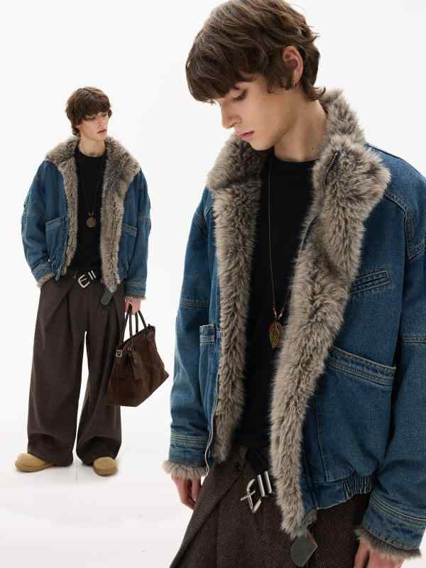 メンズ ファッション 服 男性用 シンプル かっこいい 大人 ストリート カジュアル ビジネス 通勤 アメリカン レトロ ウォッシュ加工 ダメージ加工 デニム コットンジャケット ユニセックス マウンテン カービング ファーカラー