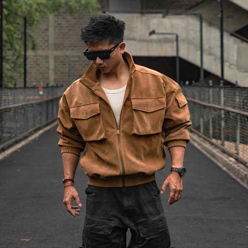 メンズ ファッション 服 男性用 シンプル かっこいい 大人 ストリート カジュアル ビジネス 通勤 アメリカン カジュアル マルチ ポケット スタンドカラー ウィンタージャケット フェイク カウハイド 9,767円