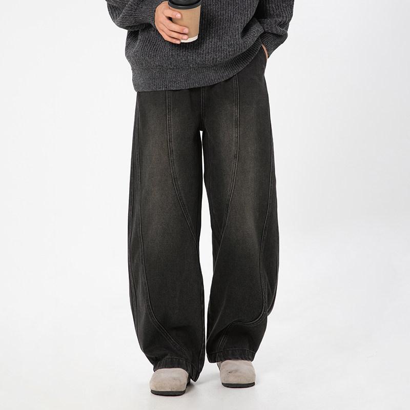 メンズ ファッション 服 男性用 シンプル かっこいい 大人 ストリート カジュアル ビジネス 通勤 ジーンズ ストリート レトロ ウォッシュ加工 ダメージ加工 カーブド スリップ ストレート レッグ カジュアル ロング パンツ