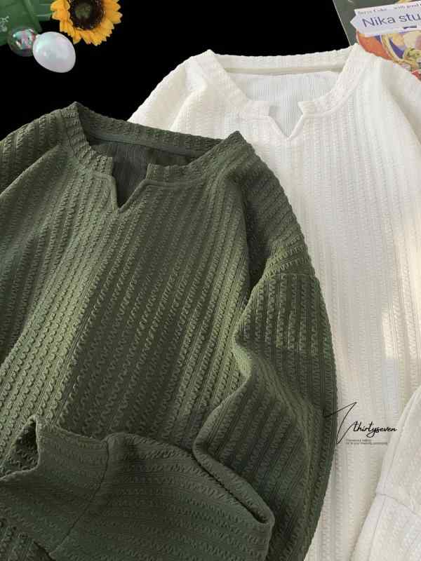 メンズ ファッション 服 男性用 シンプル かっこいい 大人 春コーデ Vネック 長袖 Tシャツ ティーン ゆったり カジュアル アプリコット カラー インナーレイヤー ベース シャツ