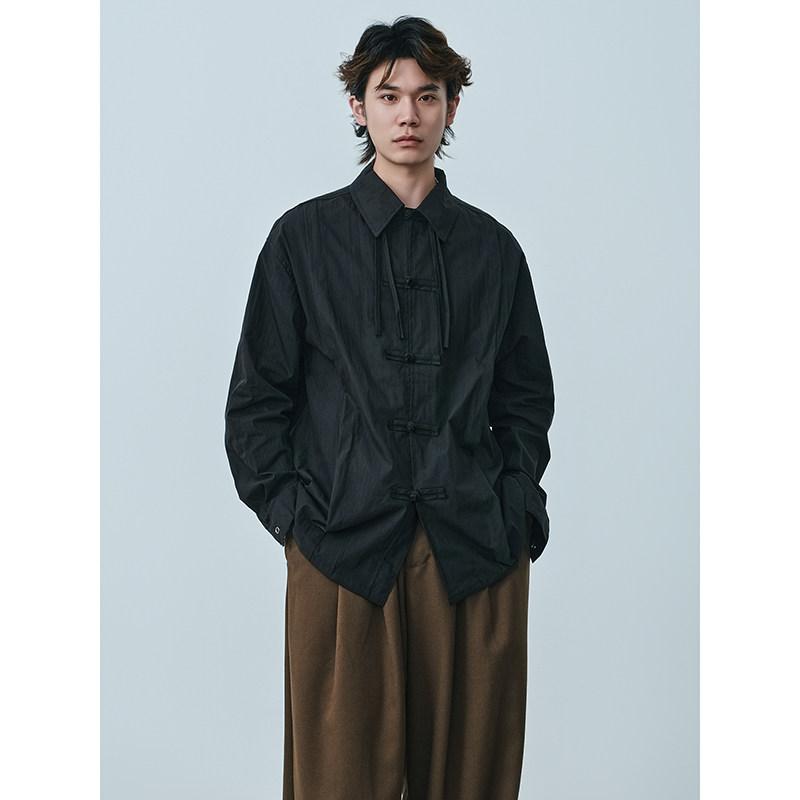 メンズ ファッション 服 男性用 シンプル かっこいい 大人 春コーデ ボタン襟 ドローストリング 長袖 シャツ レトロ シャツ |リコット
