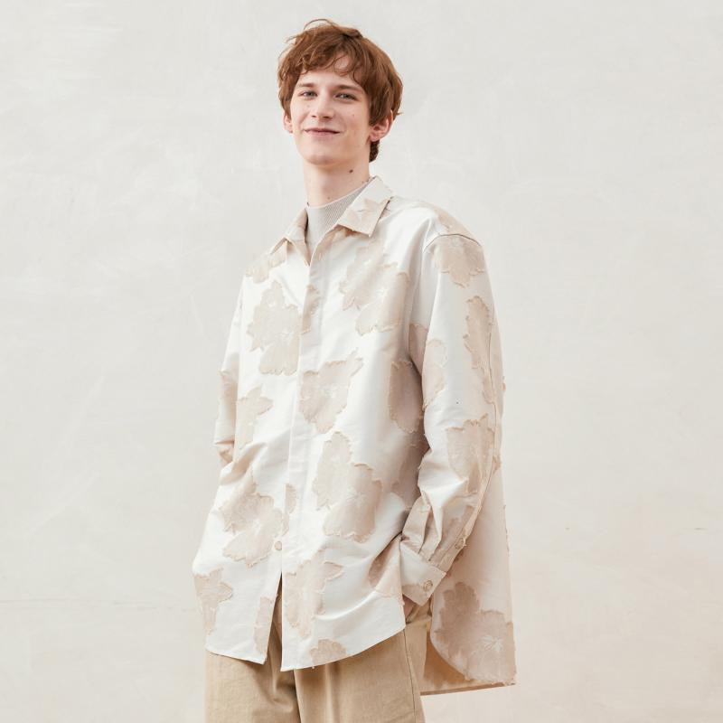 メンズ ファッション 服 男性用 シンプル かっこいい 大人 春コーデ ベージュ ジャカード 長袖 シャツ ジャケット 3Dジャカード
