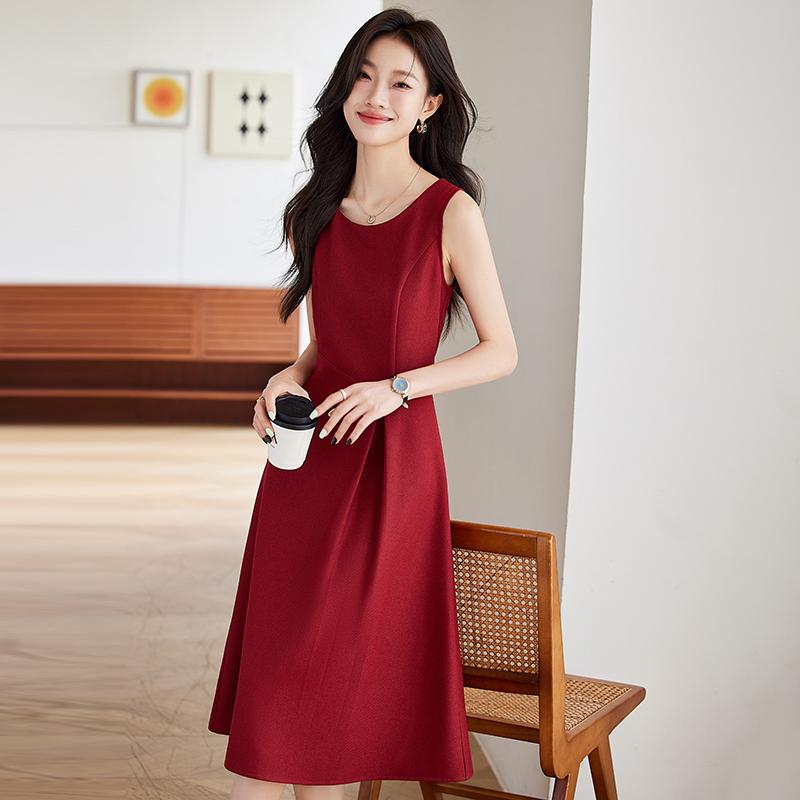秋服 レディース ファッション オシャレ カワイイ シンプル 大人カワイイ 大きいサイズ 赤 ノースリーブ ドレスハイエンド ミドル丈 ベスト ウエスト スリム スカート