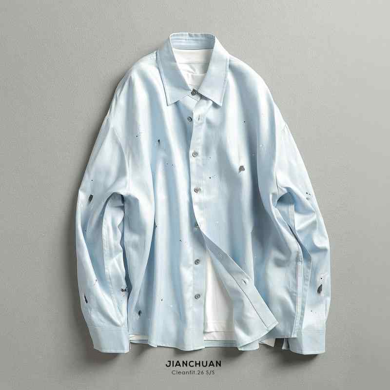 メンズ ファッション 服 男性用 シンプル かっこいい 大人 春コーデ テンセル リネン 手描きグラフィティ ヘリンボーン シャツ |リコット