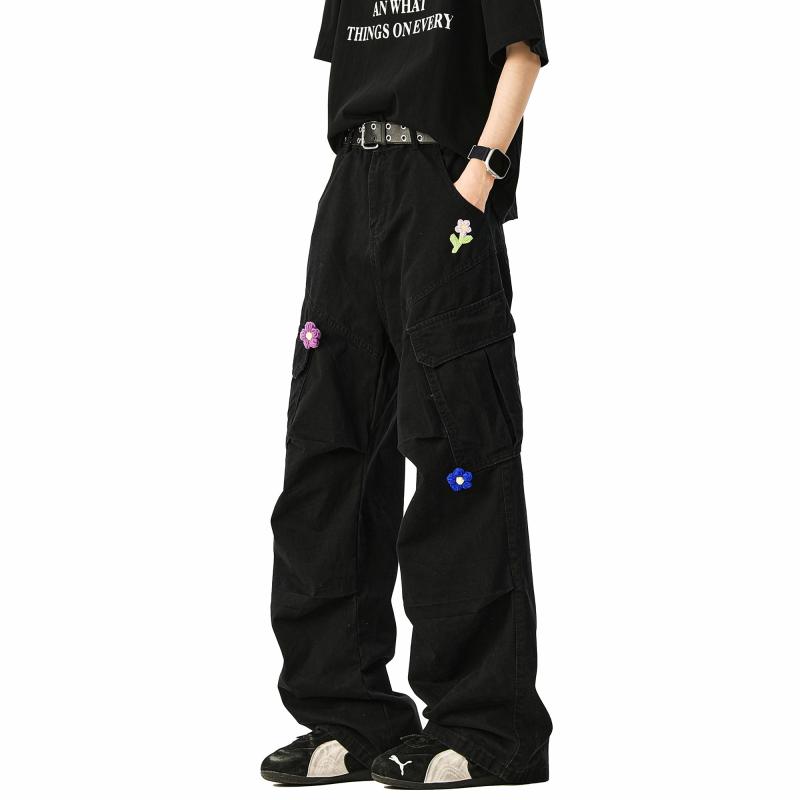 メンズ ファッション 服 男性用 シンプル かっこいい 大人 春コーデ ヒップホップ 花柄 アップリケ マルチポケット カーゴ パンツ アメリカン レトロ ゆったり ワイドレッグ パンツ