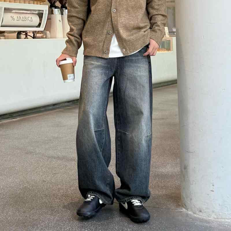 メンズ ファッション 服 男性用 シンプル かっこいい 大人 春コーデ ブルー レトロ ウォッシュ ストレート レッグ ジーンズ ダメージ加工 カジュアル ロング パンツ