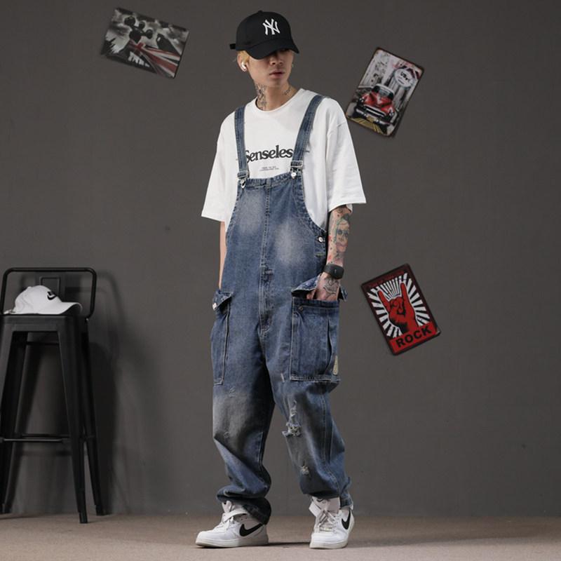 メンズ ファッション 服 男性用 シンプル かっこいい 大人 春コーデ デニム レトロ オーバーオール ストレート ヒップホップ ワーク ウェアサスペンダージャンプスーツスーツ ｜リコット