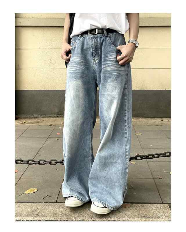 メンズ 流行り物 服 成人男性用   分かりやすい かっこいい 成年者 春コーデ  ウォッシュ産業 青味 ジーンズ デニム ミッドハイウエスト ワイドレッグ  伸ばすこと 好いたらしい 引っ切りない レッグ