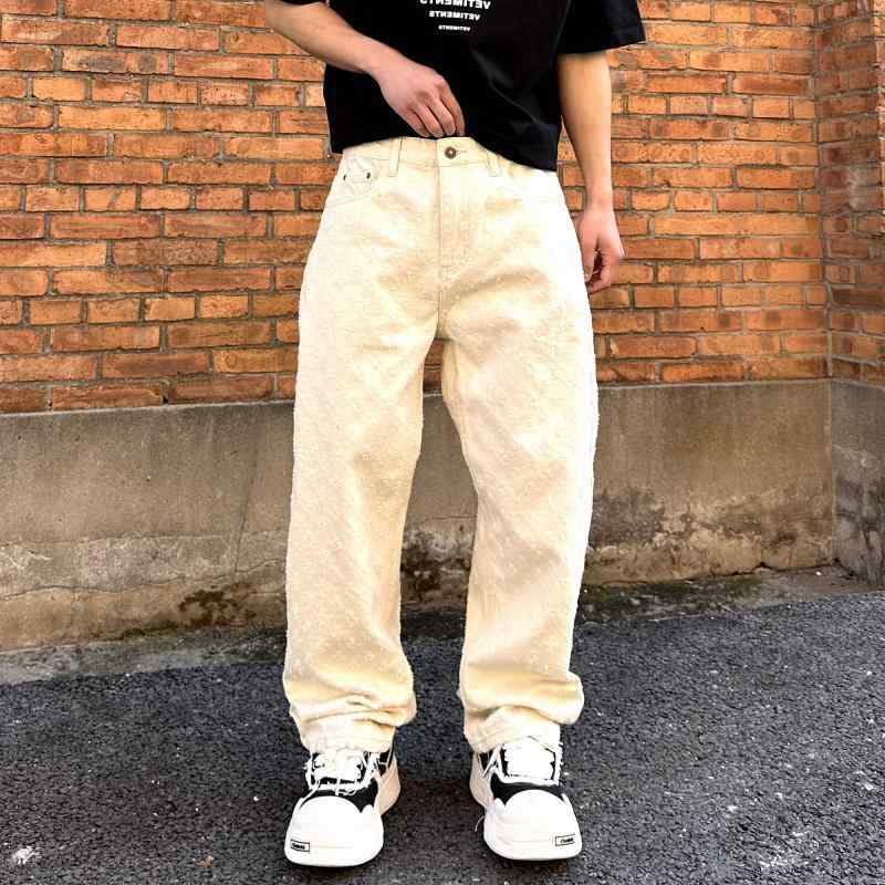 メンズ ファッション 服 男性用 シンプル かっこいい 大人 春コーデ ジーンズ アメリカン ストリート ジャカード カーブ ワイドレッグ ストレート レッグ パンツ ｜リコット