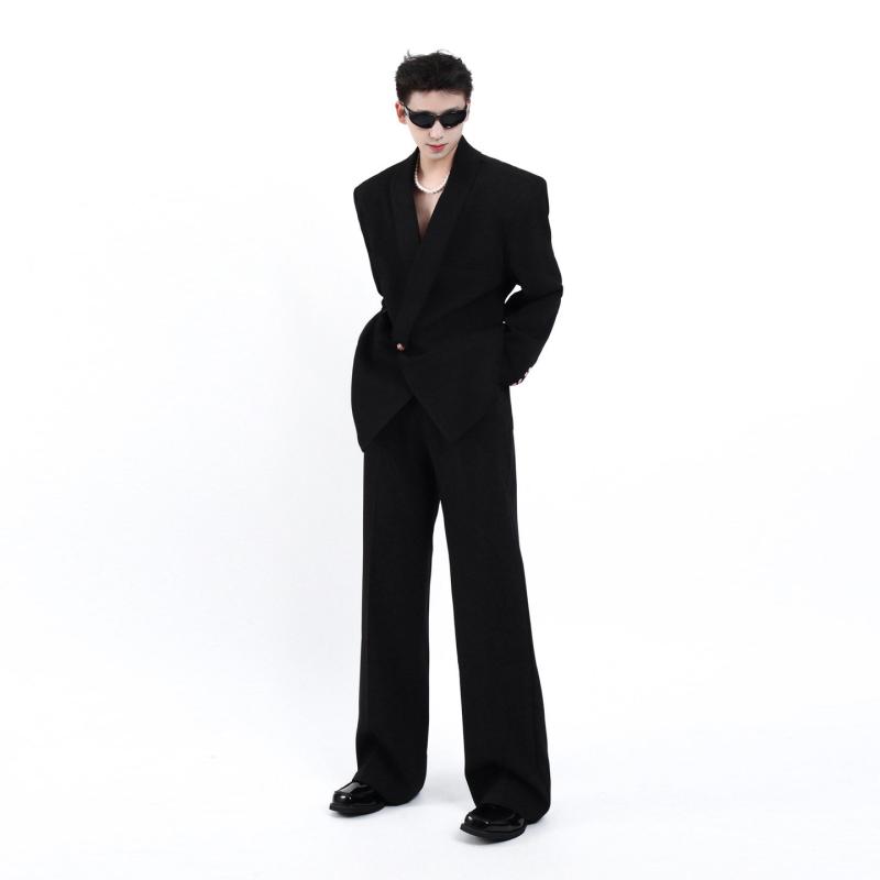 メンズ ファッション 服 男性用 シンプル かっこいい 大人 春コーデ パッド入り ショルダー スーツ ジャケット ハイエンド シルエット ブラック スーツセット