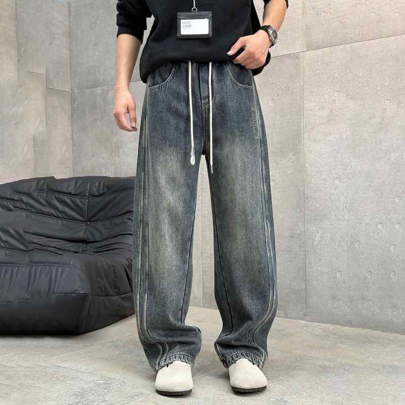 メンズ ファッション 服 男性用 シンプル かっこいい 大人 春コーデ フリース ジーンズ ストリート シンプル ウォッシュ加工 ワイドレッグ ストレート レッグ パンツ