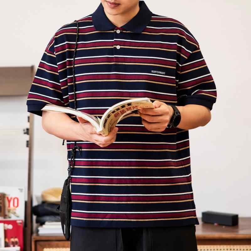 アメリカン レトロ 縞模様 スポーツシャツ メンズ 分科大学表現スタイル アメリカン 表現スタイル 曲がること 色合い プルオーバー 綿 編み物 半袖