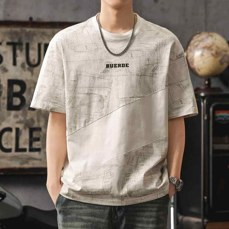 アメリカン レトロ テクスチャー 半袖 Tシャツ メンズ 夏 シンプル ゆったり プリント カジュアル プルオーバー トップ