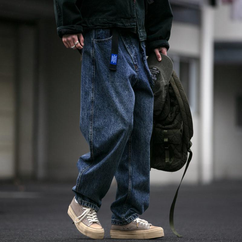 アメリカン レトロ 表現スタイル 立体的 気が大きい衣嚢 曲がった鶏冠 メンズ ゆったり うす暗い 青色 テーパード ワイドレッグ デニム
