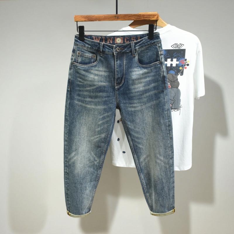 メンズ 流行り物 服 成人男性用   分かりやすい かっこいい 成年者 春コーデ  クロップド デニム レトロ 青み ジーンズ デニム テーパード キャロット ズボン下