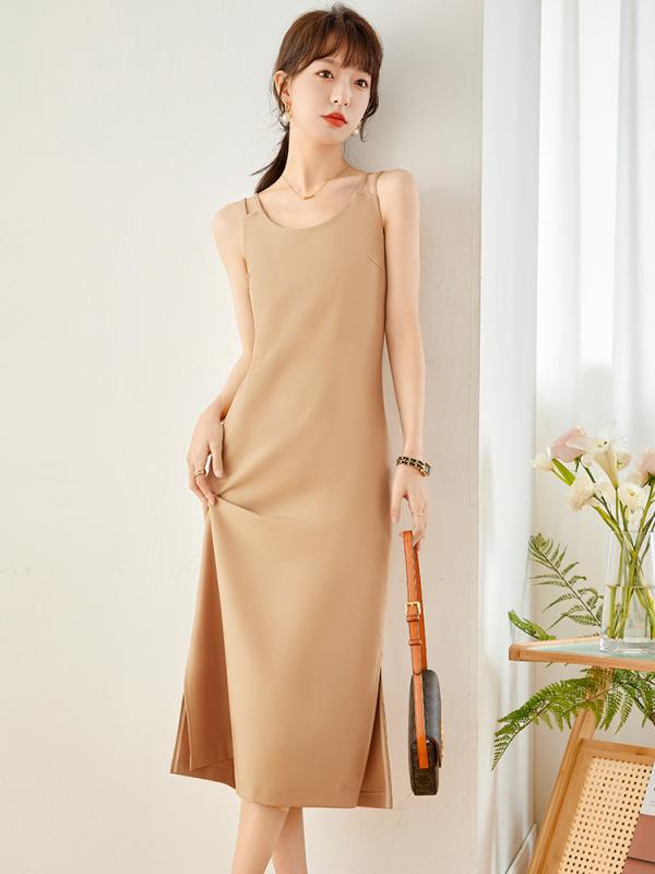 秋服 レディース ファッション オシャレ カワイイ シンプル 大人カワイイ 大きいサイズ シフォン ワンピース ドレス 秋 カジュアル スカート スリット バック レス インナー ボトニング ロング