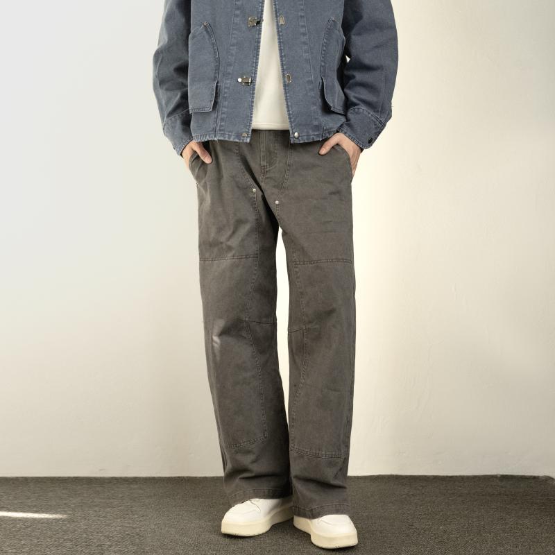 メンズ 流行り物 服 成人男性用   分かりやすい かっこいい 成年者 春コーデ  アメリカン レトロ ウォッシュ 細工物 御召しもの ワイドレッグ 引っ切りない レッグ ズボン下 心地よい ズボン下 ロング ズボン下