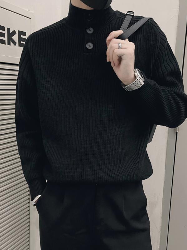 メンズ ファッション 服 男性用 シンプル かっこいい 大人 春コーデ 黒 セーター ブレスト タートルネック レイヤリング シャツ インナー セーター