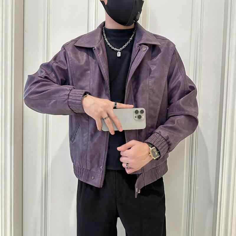 メンズ 流行り物 服 成人男性用   分かりやすい かっこいい 成年者 春コーデ  パープル PUなめし革 上衣 フリース PUなめし革 上衣