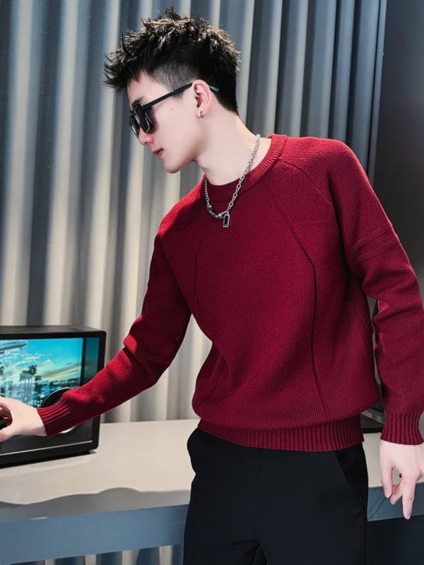 メンズ 流行り物 服 成人男性用   分かりやすい かっこいい 成年者 春コーデ  レッドベースレイヤー プルオーバー 無地 好いたらしい 下穿き 編み物