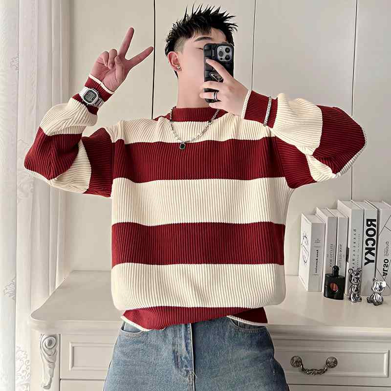 メンズ ファッション 服 男性用 シンプル かっこいい 大人 春コーデ レトロ シック ストライプ セーター 長袖